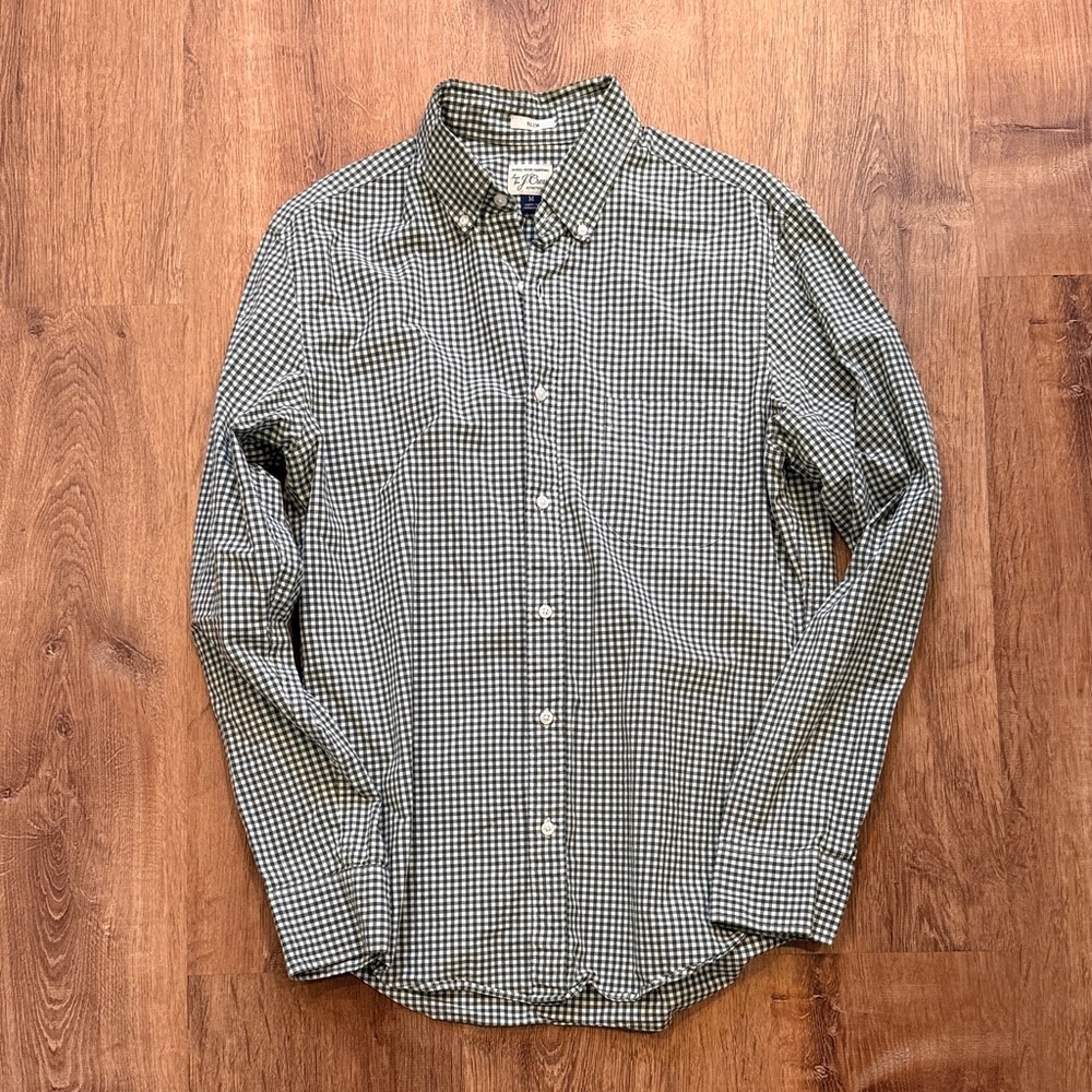 J. Crew Olive & White Gingham Button-Down Shirt - Men's Casual